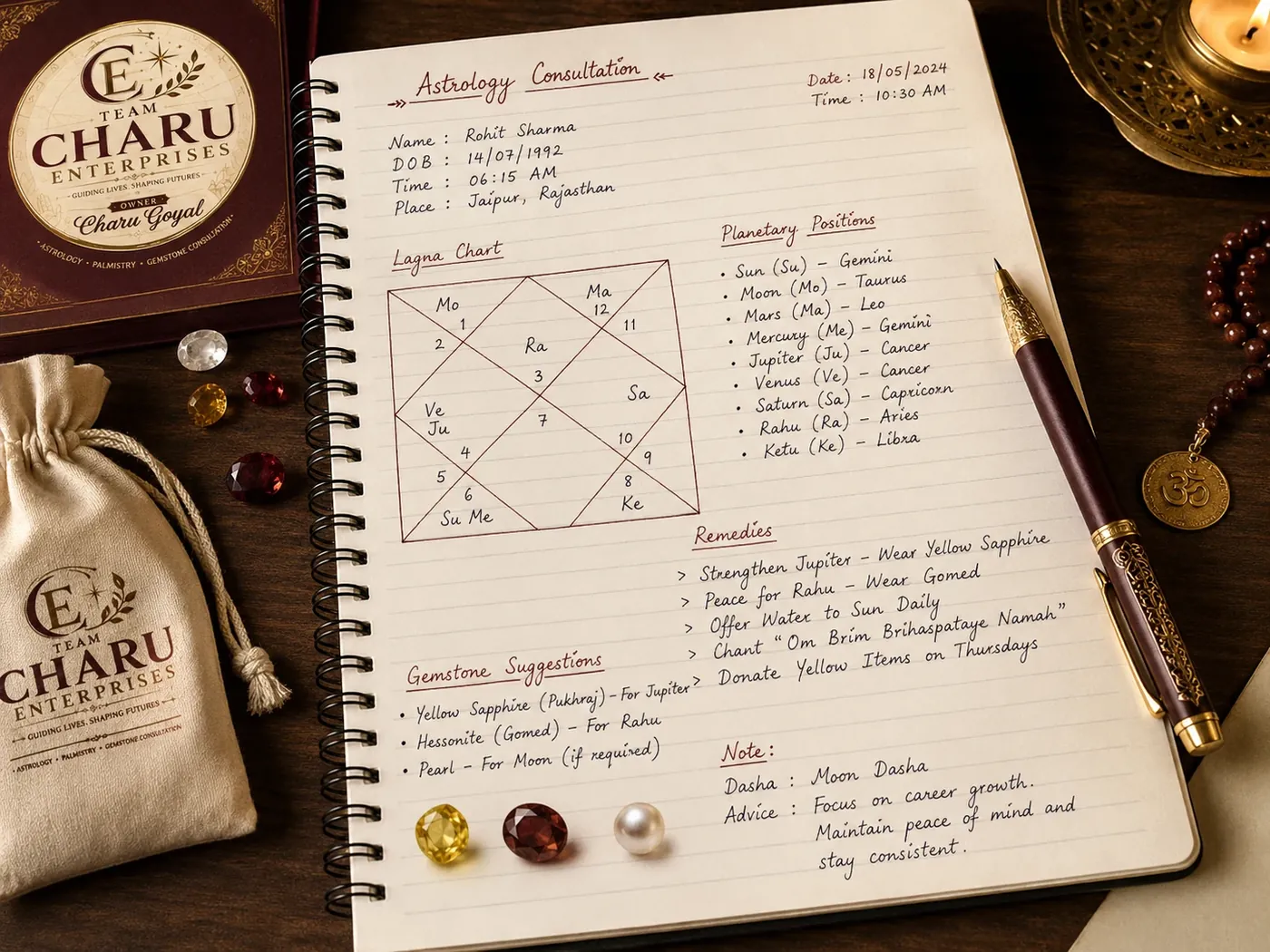 Handwritten kundli chart and personalised remedies on a real notebook page