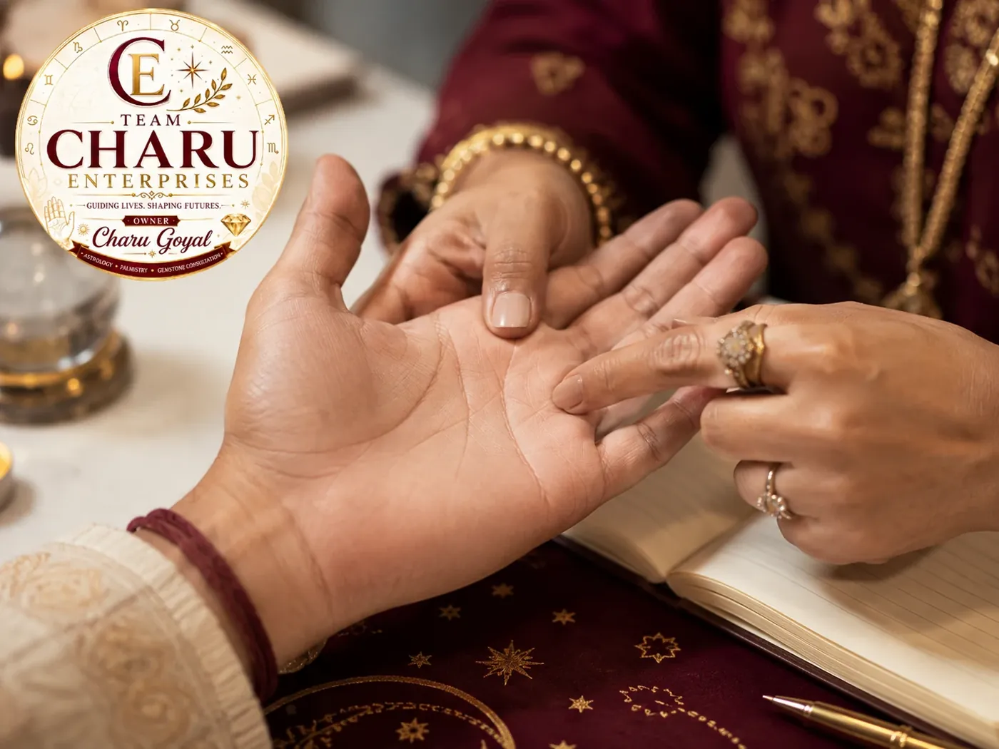 Close-up of a professional palm-reading consultation